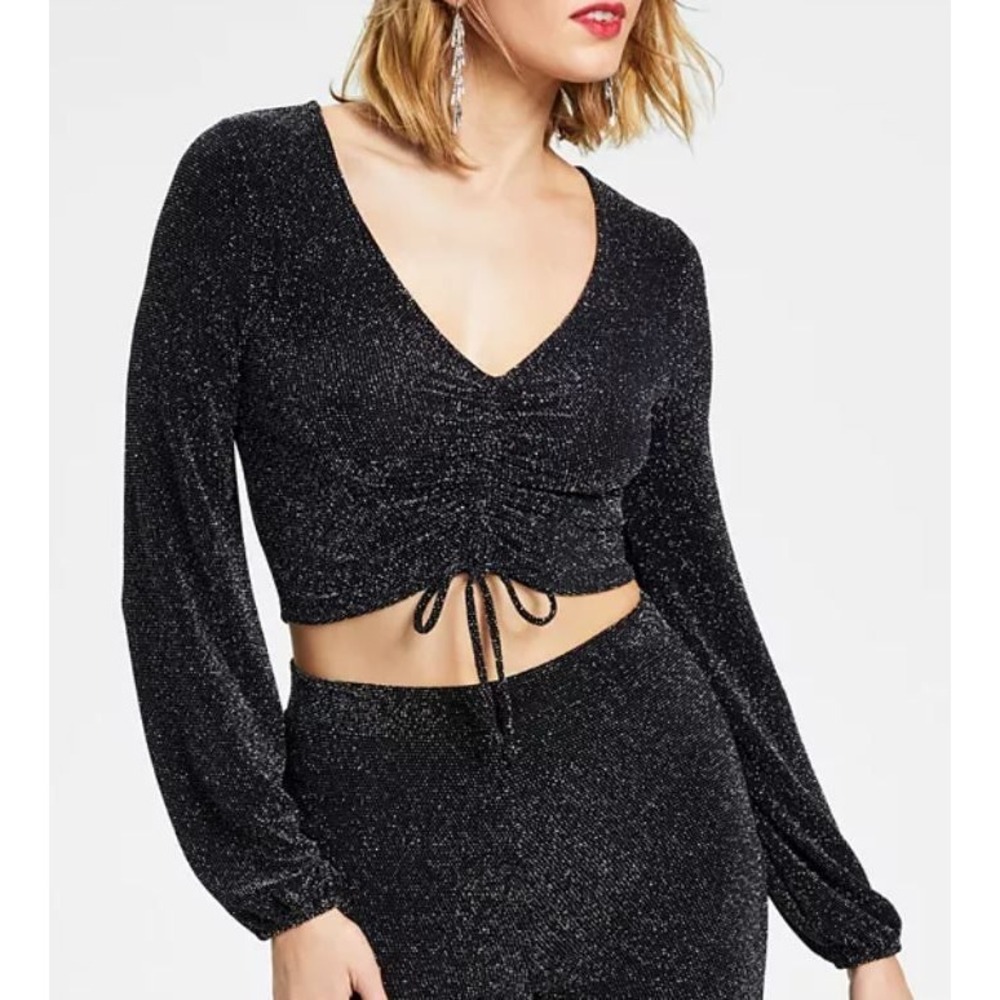 Bar III Size 4X Women's Sparkling Caviar Long-Sleeve Crop Top Black Silver